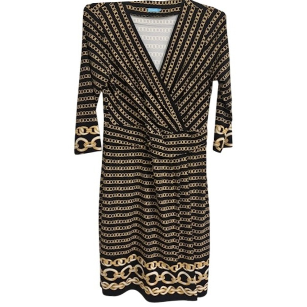 J.McLaughlin Black Gold Chain Print Faux Wrap Dress Size‎ Medium